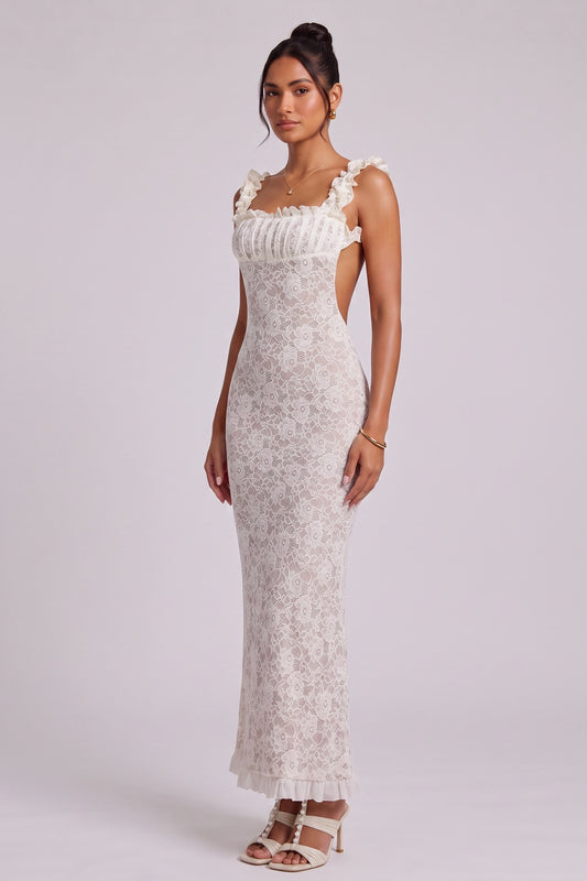 White Lace Maxi Dress with Ruffled Square Neckline Premium Fabric - product view 2
