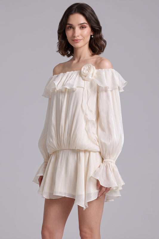 ivory crinkled chiffon or organza blouson top with flared skirt mini dress ivory, cream crinkled chiffon or organza mini dress - product view 2