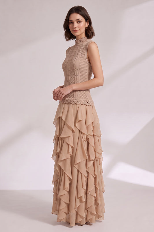 beige cable and pointelle knit fitted bodice with voluminous tiered ruffled skirt maxi dress beige cable and pointelle knit maxi dress - product view 3