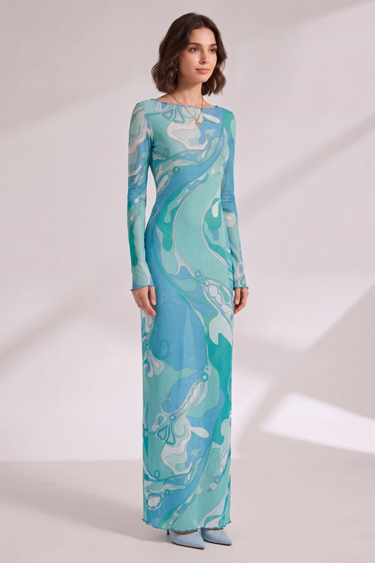 Abstract Wave Print Maxi Dress in Blue and Teal Premium Fabric - product view 2