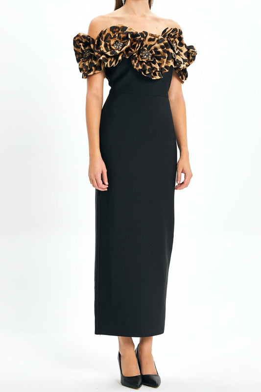 3d flower leopard pattern bandage maxi dress in black