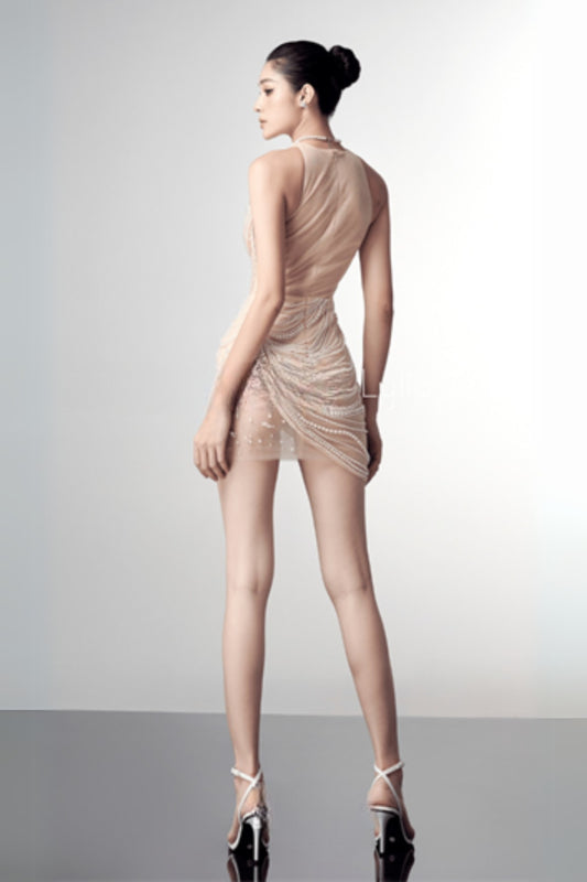 pearl-embellished fish bone mini dress in apricot