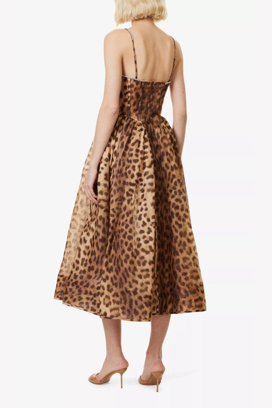 Animal Print Crystal Bustier A Line Midi Dress