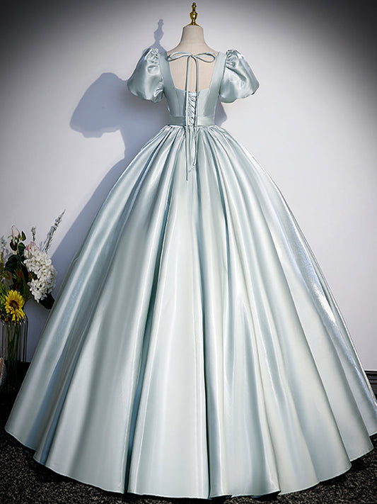 A-Line Blue Satin Prom Dress