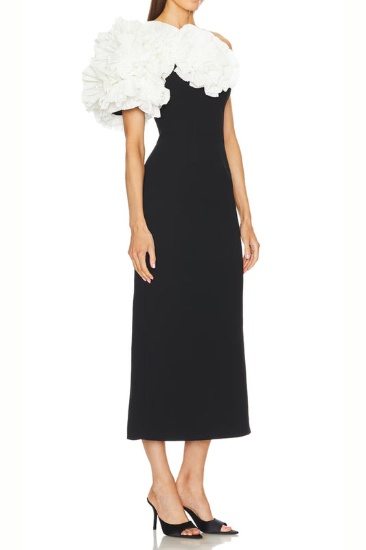 white flower embellished strapless black midi dress