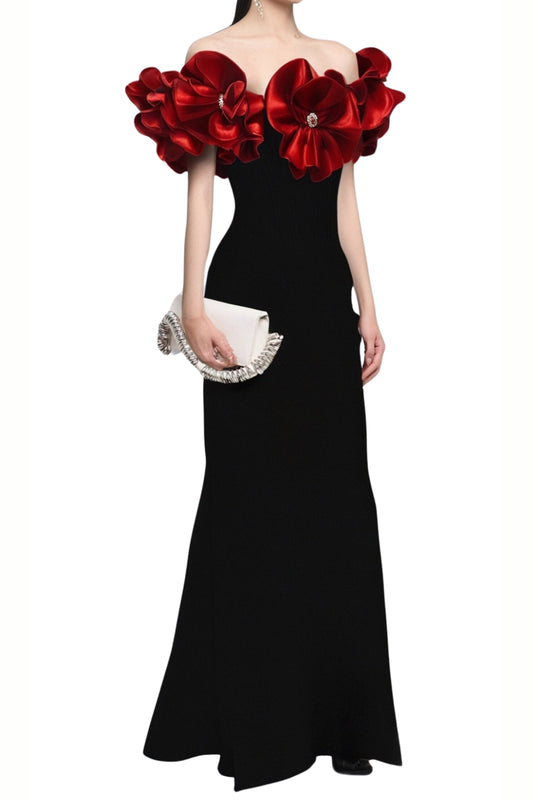 red flower embellished strapless Bandage maxi dress