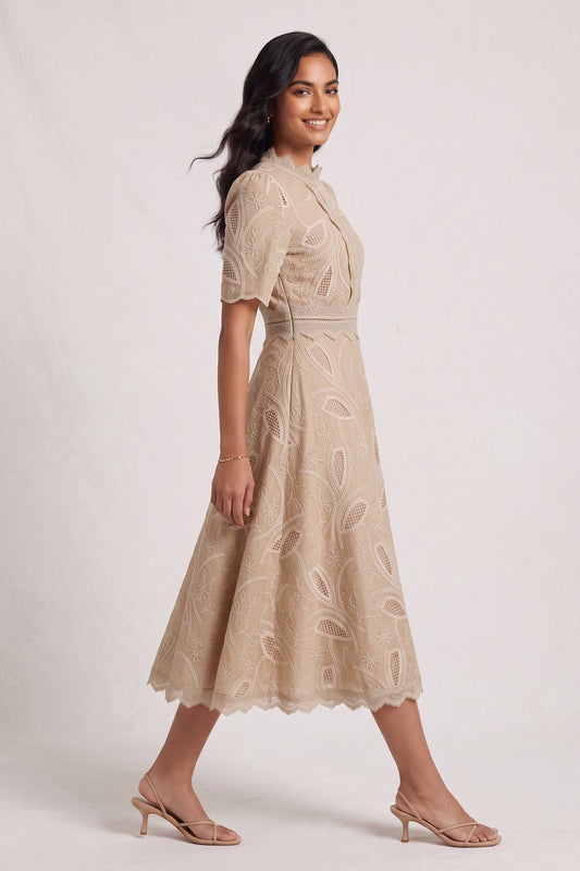 Beige Embroidered Organza A-Line Midi Dress beige embroidered organza or linen-blend dress - product view 2