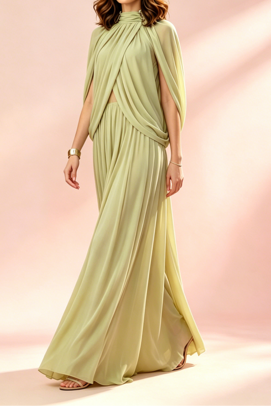 Sage Green Crystal Collar Cape Draped Chiffon Maxi Gown
