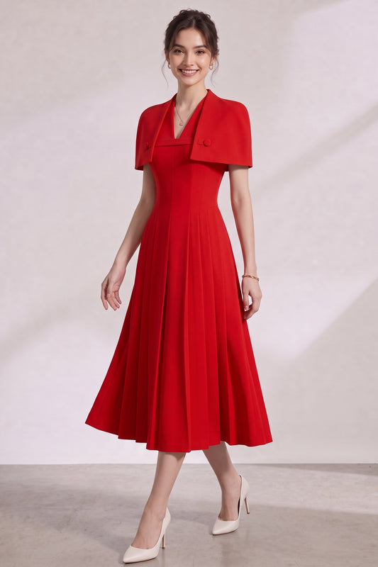 Red Structured Crepe Fit-and-Flare Midi Dress with Capelet red structured crepe midi dress with capelet - product view 2