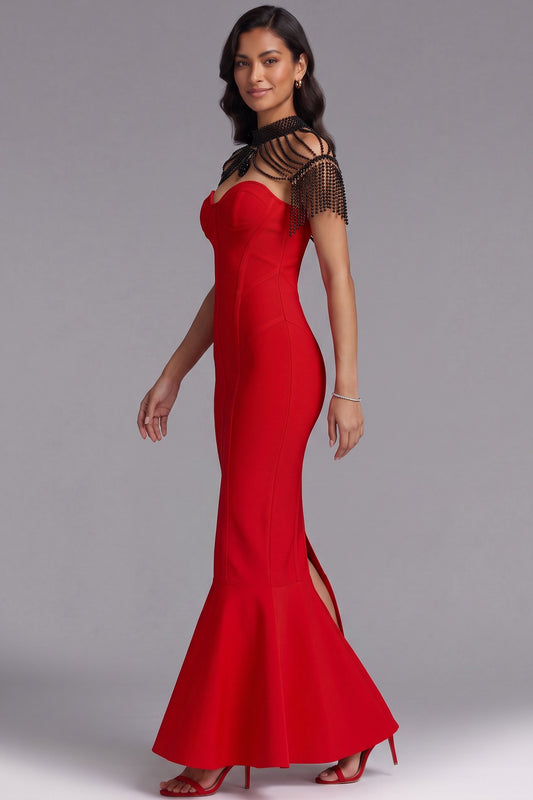 Red Mermaid Evening Gown with Beaded Fringe Detail Premium Fabric - product view 1