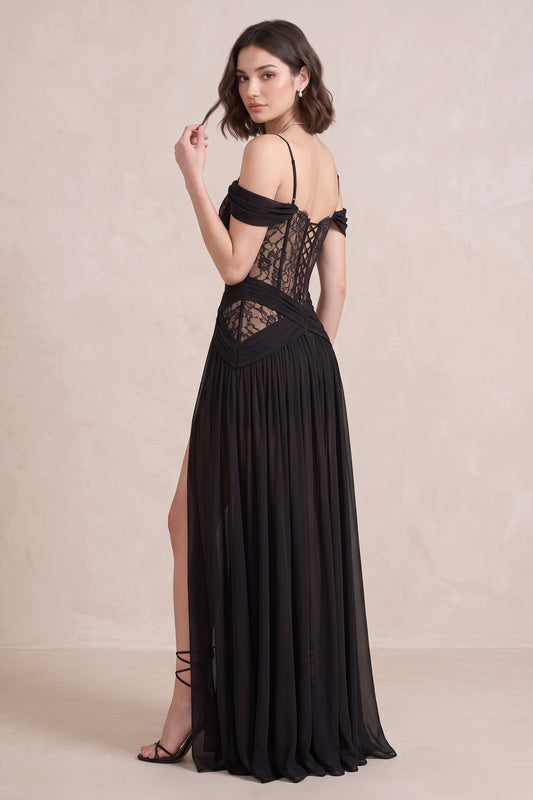 Black Chiffon Fitted Bodice A-Line Gown with High Slit black chiffon gown - product view 2