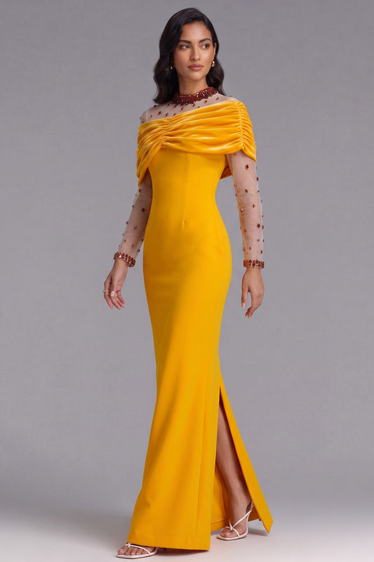 Yellow Velvet Off-Shoulder Beaded Evening Gown Premium Fabric - product view 1
