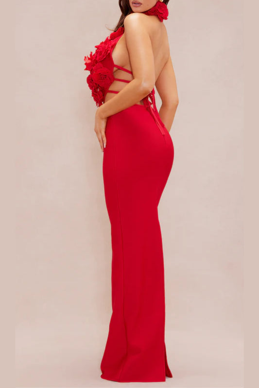 halter 3d flower hollow out backless maxi dress in red