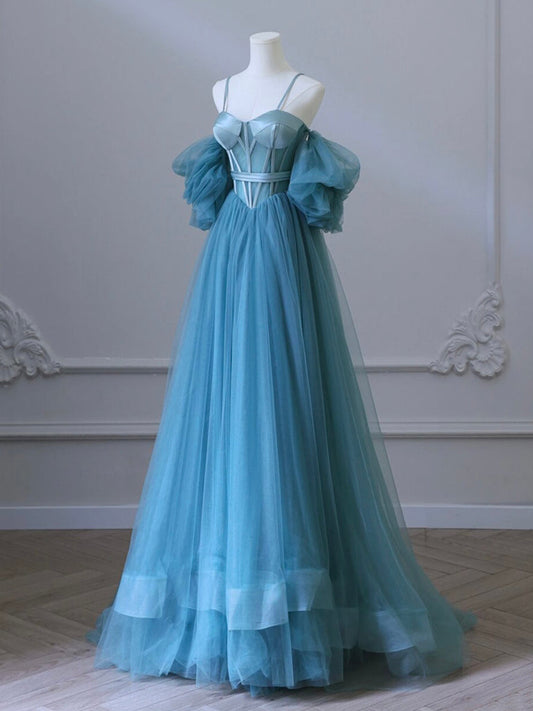 A-Line Neck Tulle Blue Prom Dress
