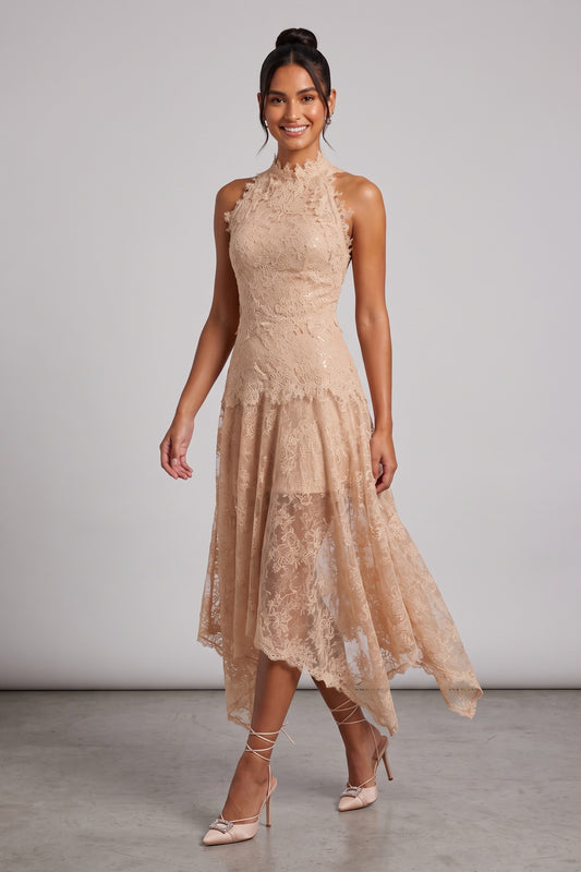 Beige Peach Floral Lace A-Line Midi Dress beige, peach floral lace dress - product view 1