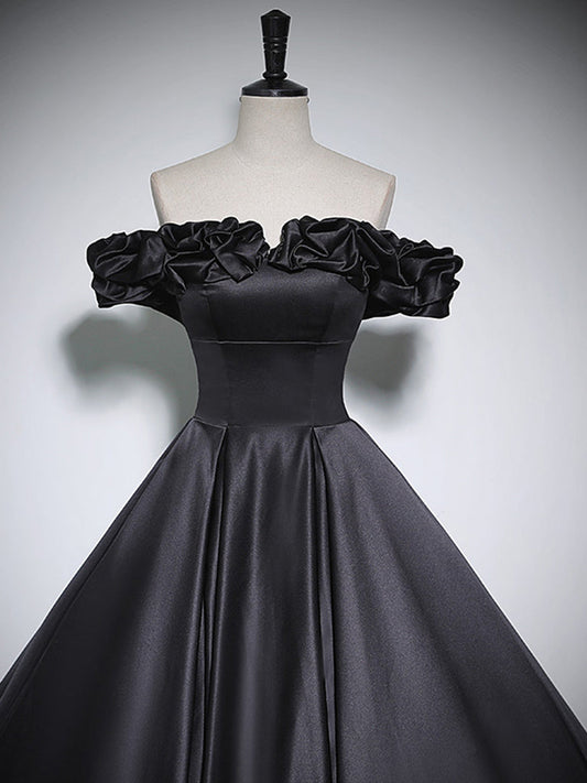 Black A-Line Off Shoulder Satin Long Prom Dress