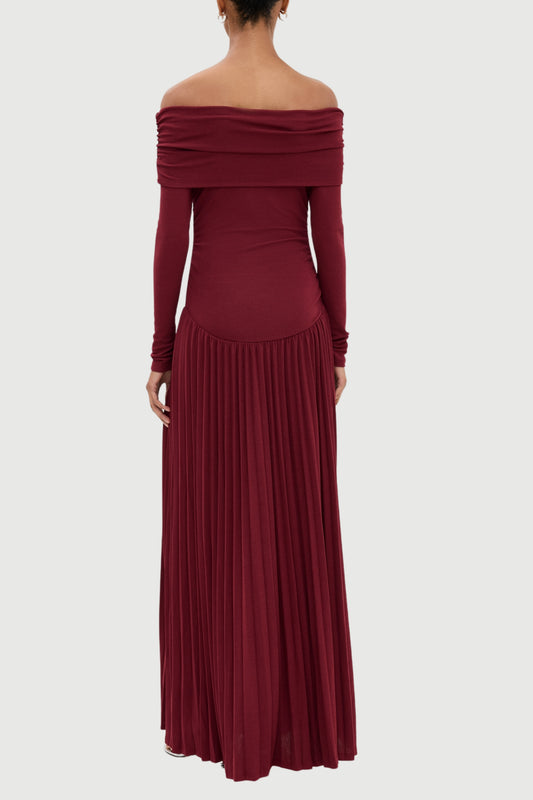 sara bodycon strapless long sleeve maxi dress in burgundy