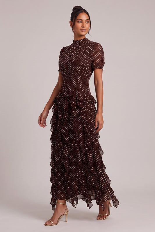 Brown Polka Dot Tiered Ruffle Midi Dress Premium Fabric - product view 2