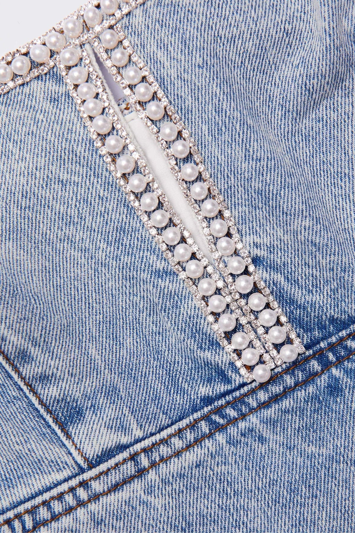 Light Blue Denim Pearl Mini Dress