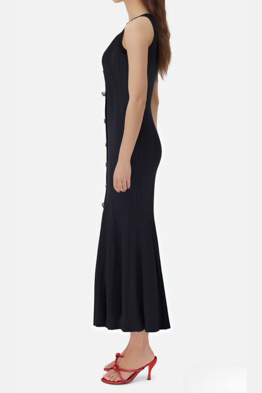 Button-embellished ribbed-knit midi dress in black