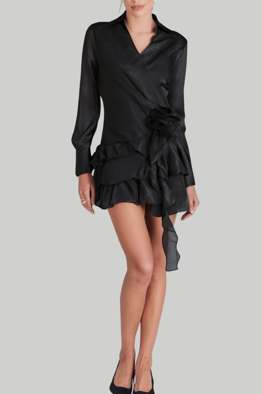 flower ruffle ribbon mini dress in black