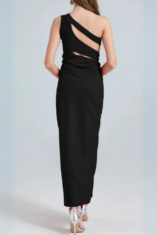 one-shoulder cutout side slit maxi dress in black