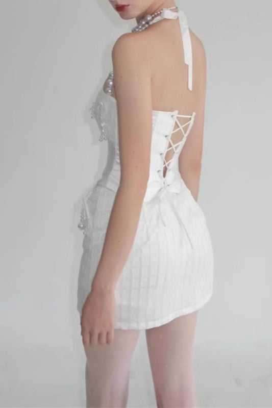 pearl fishbone wrap top skirt set in white
