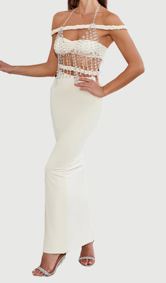 crystal chain embellished fishtail skirt set in apricot