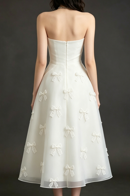 Draped Strapless Lace Bow Organza Mid Dress