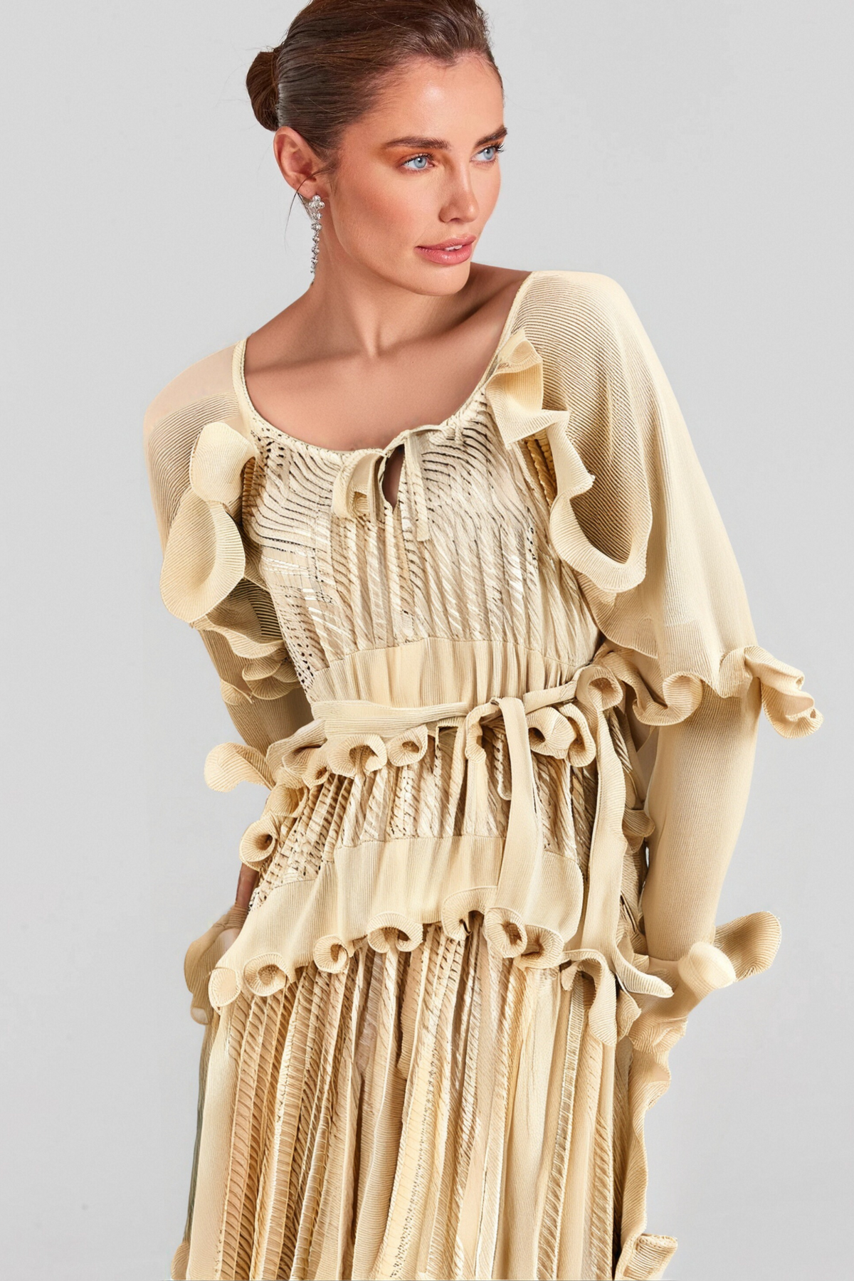 Ellie neutrals gilded ruffled midi dress