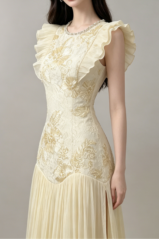 Cream Lace Floral Embroidered Maxi Dress with Ruffled Sleeves
