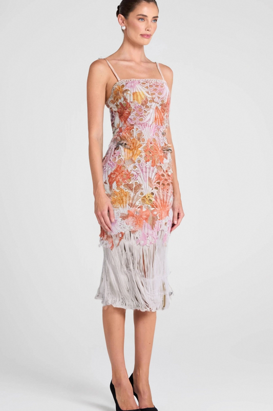 MULTICOLOR EMBROIDERED HOLLOW FRINGE MIDI DRESS