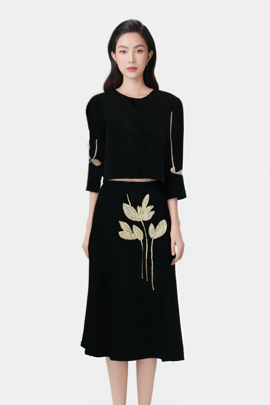 Pauline black floral-appliqué jacket & skirt matching set