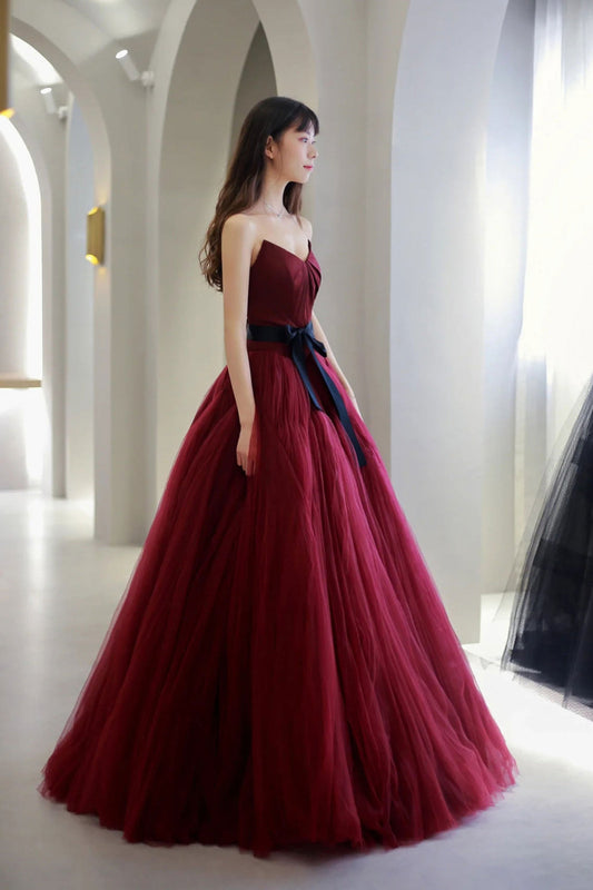 A line burgundy tulle dress