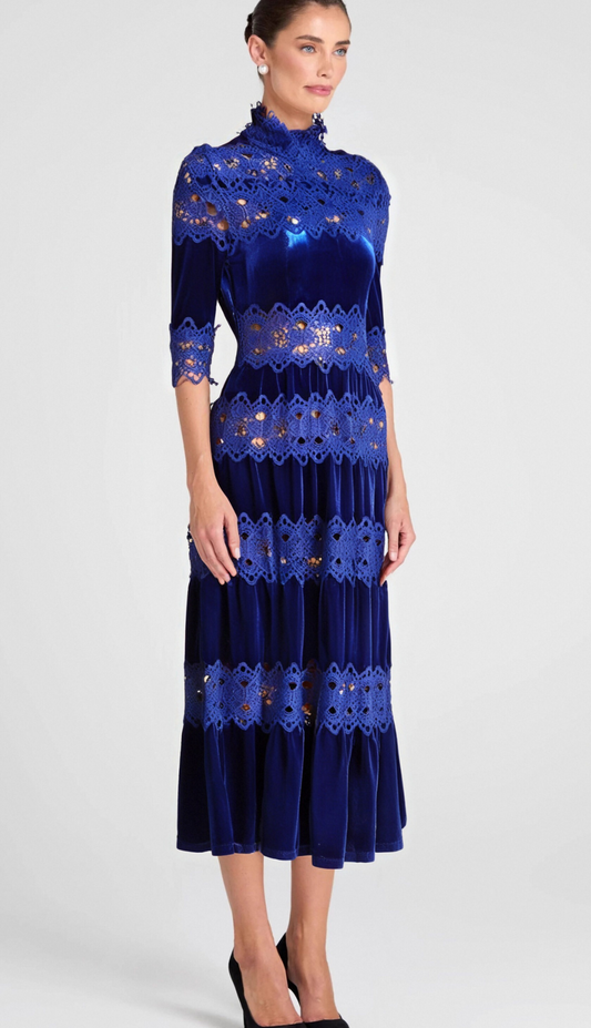 HOLLOW PATCHWORK VELVET DRESS IN BLUE