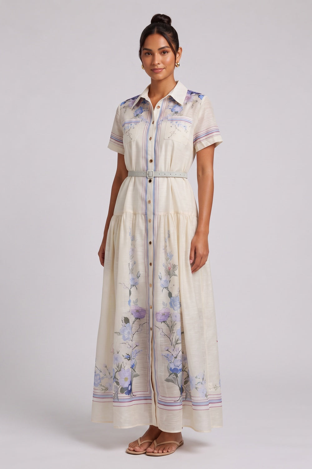 Cream Floral Collared Maxi Dress Premium Fabric - product view 4