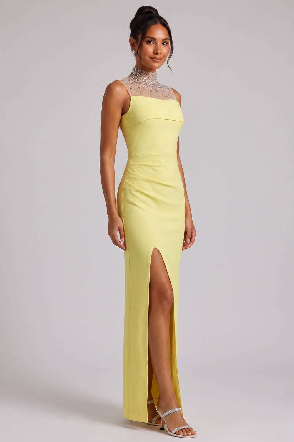 Yellow Beaded Neckline Maxi Dress Premium Fabric - product view 3