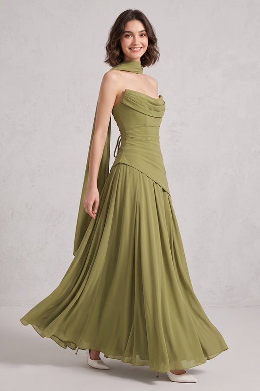 Olive Green Chiffon A-Line Gown with Draped Cowl and Lace-Up Back olive green chiffon gown - product view 1
