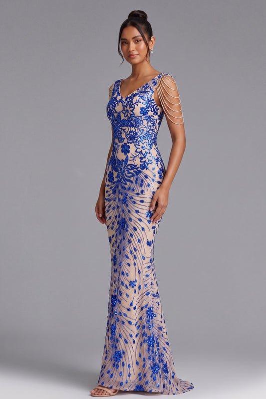 Royal Blue Sequin Embroidered Floor-Length Gown Premium Fabric - product view 2