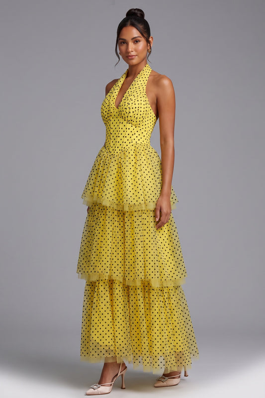 Yellow Polka Dot Tiered Halter Maxi Dress Premium Fabric - product view 4