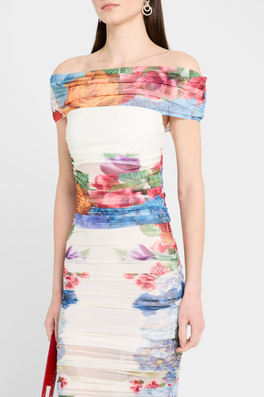 shirley white Off-Shoulder floral print Ruched Top skirt set