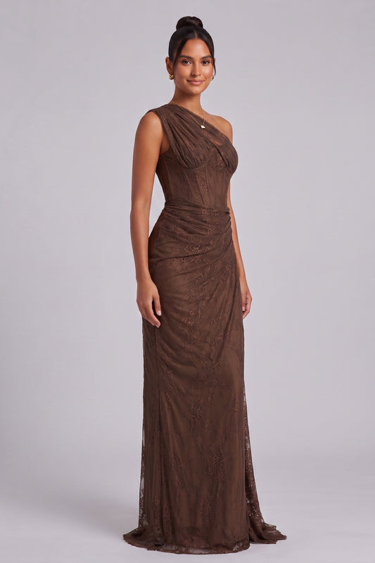 chocolate brown floral lace column gown chocolate brown floral lace gown - product view 2