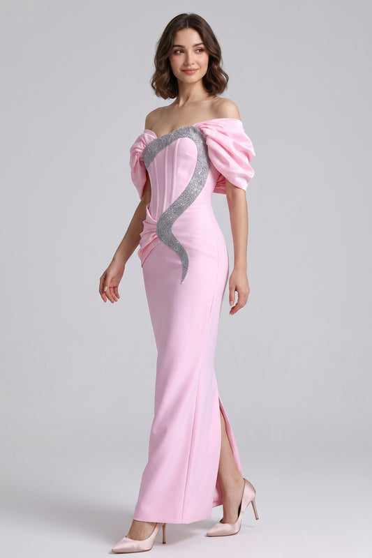 Light Pink Satin-Crepe Column Gown with Silver Sparkly Trim light pink satin-crepe gown - product view 1