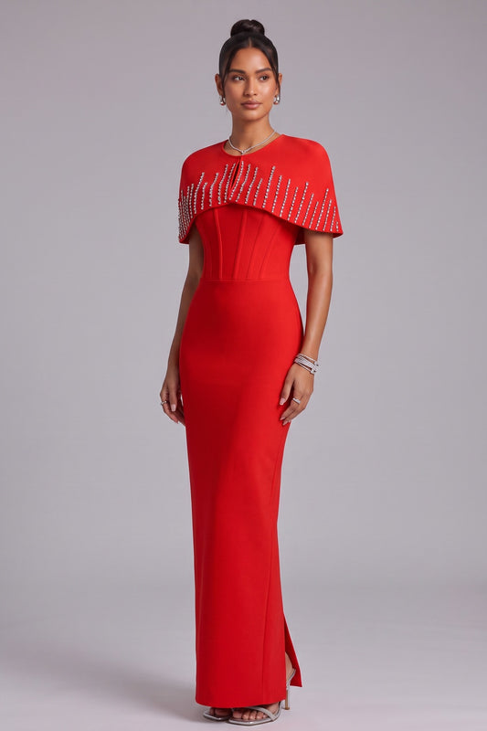 bright red heavy crepe column maxi dress with capelet bright red heavy crepe maxi dress with capelet - product view 2