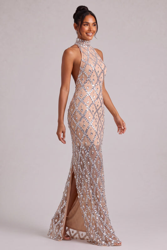 Silver Crystal Halter Neck Floor-Length Gown Premium Fabric - product view 2
