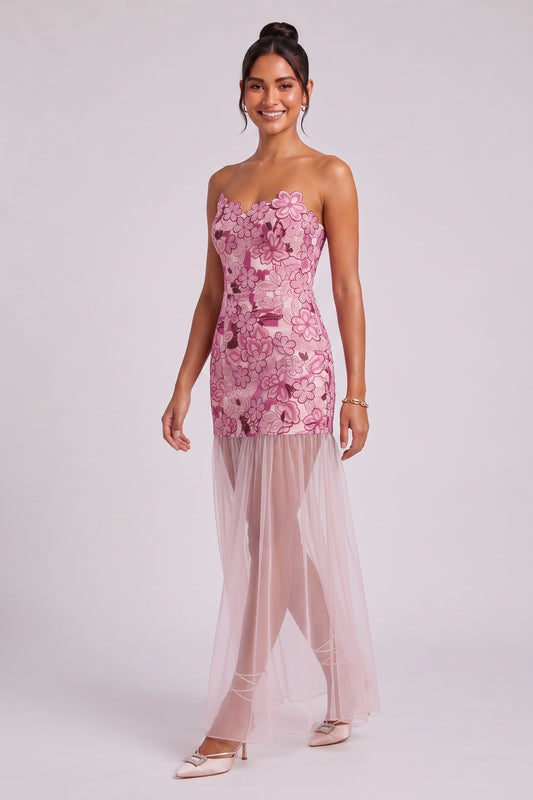 dusty pink embroidered floral lace fitted column mini with sheer maxi overlay dress dusty pink embroidered floral lace dress - product view 2