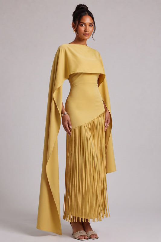 Yellow Fringe Maxi Dress with Cape Detail Premium Fabric - product view 3