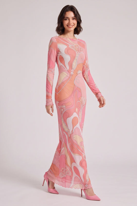 Pink Abstract Print Long Sleeve Maxi Dress with Ruffle Trim Premium Fabric - product view 1