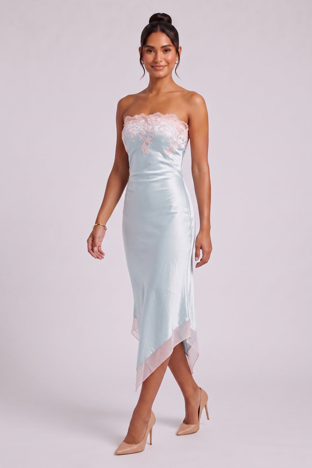 Pale Blue Satin Sheath Dress with Pink Lace Trim pale blue satin dress - product view 4