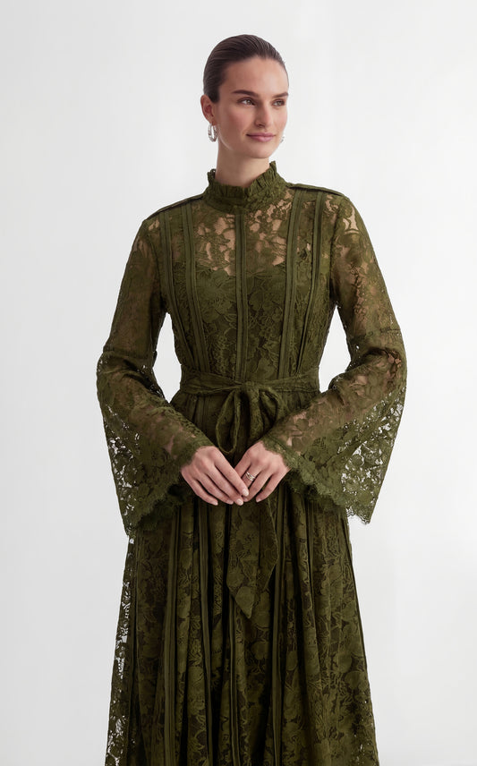 Olive Green Floral Lace High Neck Bell Sleeve Self-Tie Waist Maxi Dress